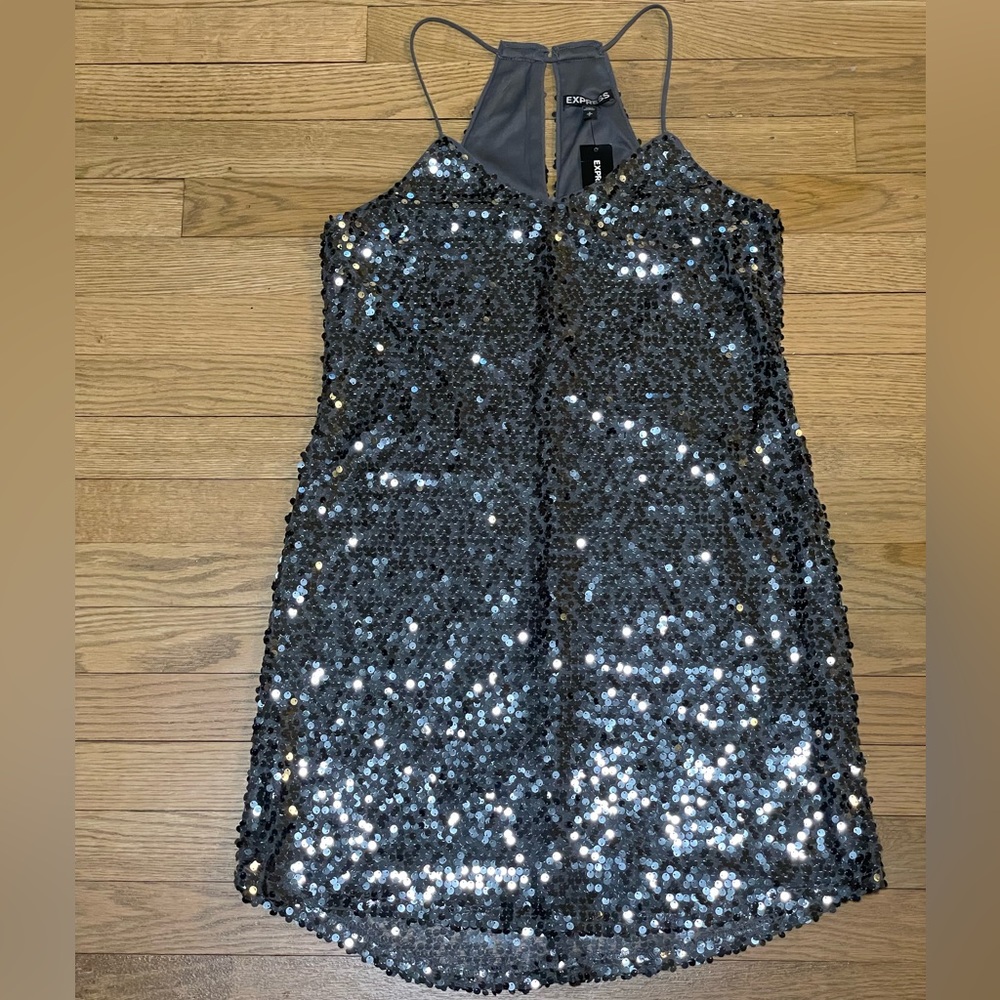 NWT EXPRESS Graphite Gray Spaghetti Strap Sequin Party Going Out Dress